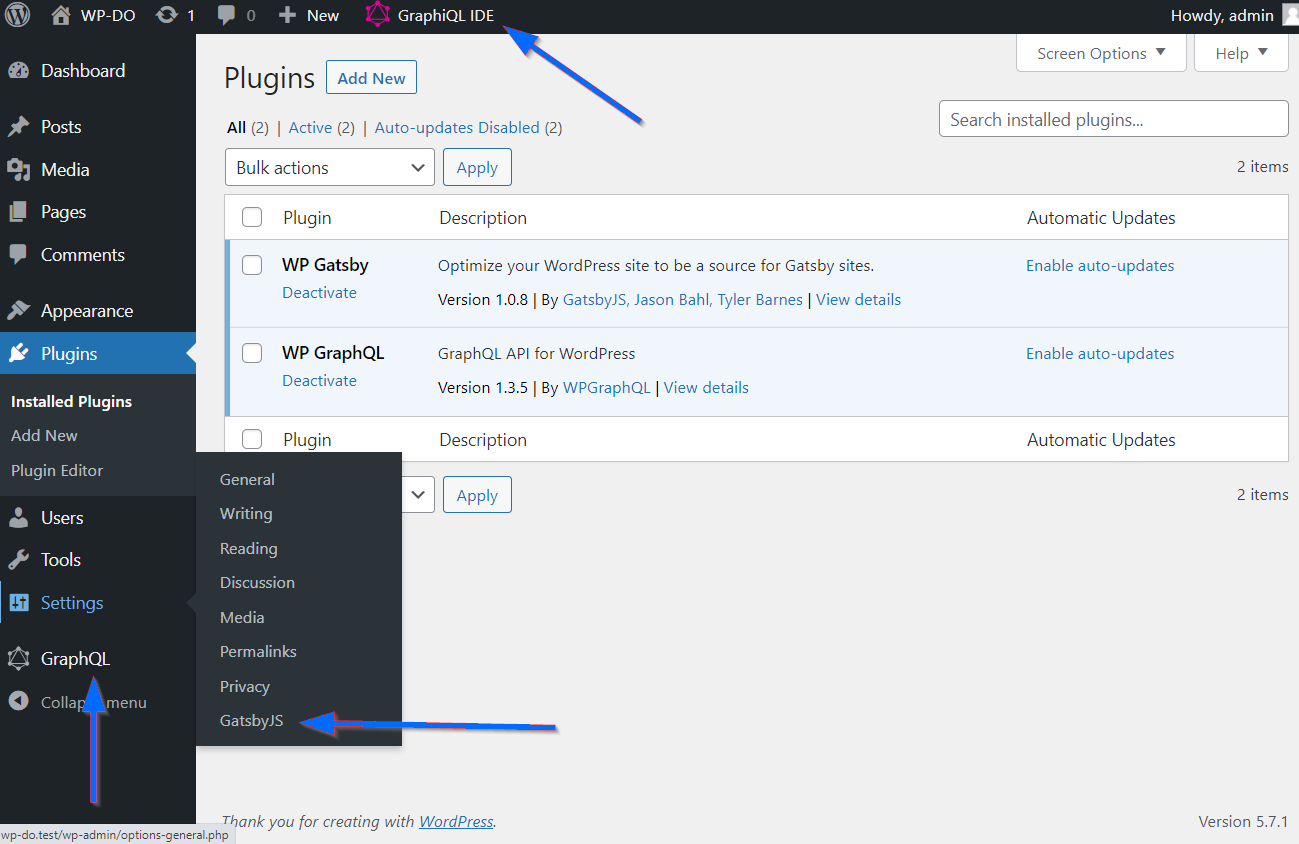 Screenshot showing that both required plugins, WPGraphQL and WPGatsby, are installed, activated, and have added settings panels around the admin dashboard