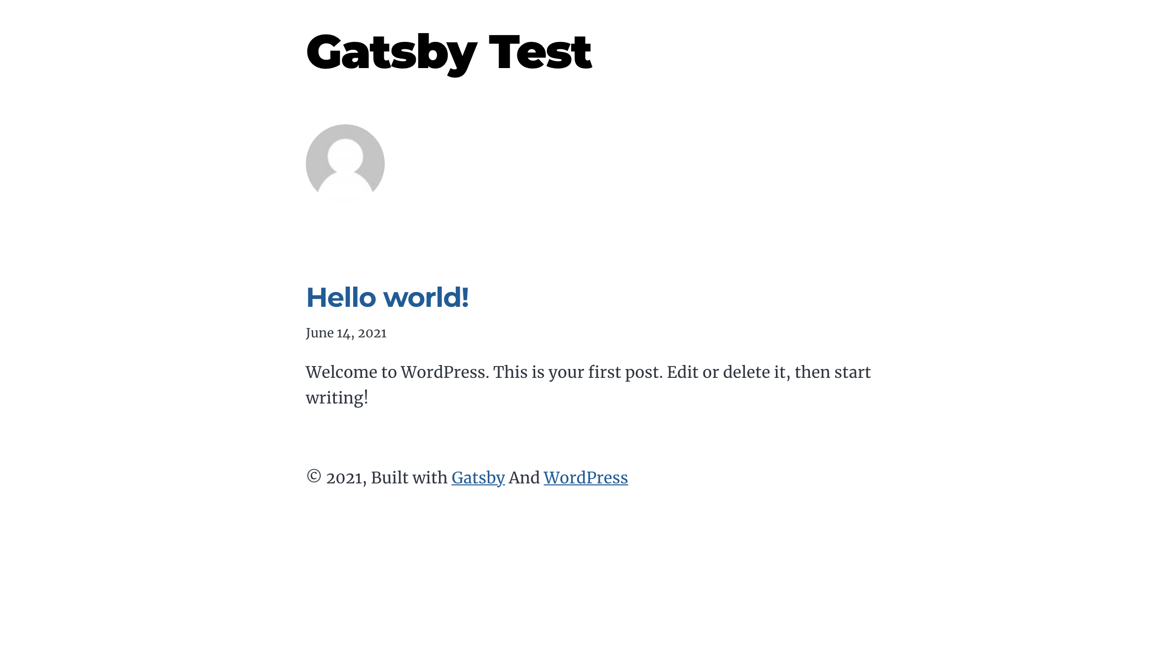Gatsby site entitled "Gatsby Test" with one "Hello World" blog post