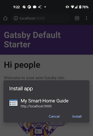 Screenshot from an Android device, showing a "Install app" modal popup in the Chrome browser, for "My Smart-Home Guide", through localhost remote debugging