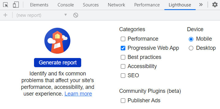 Screenshot showing the Lighthouse tab in desktop Chrome DevTools, with only the Progressive Web App report category checked