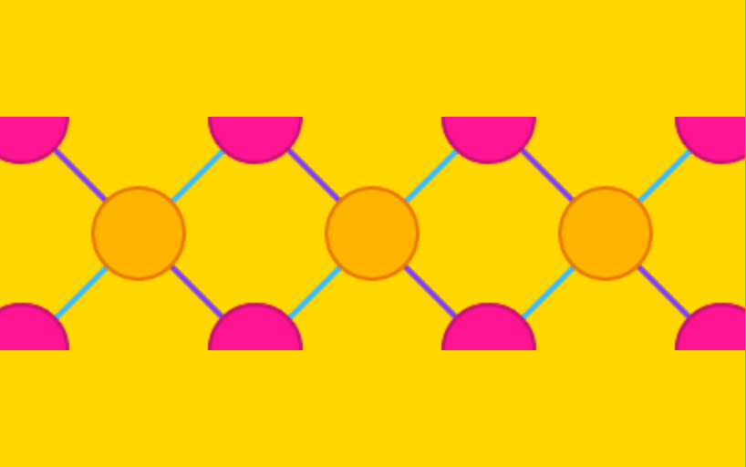 横跨图像中心的重复图案，由橙色圆圈和粉色半圆组成，在黄色背景上由蓝色和紫色线条连接