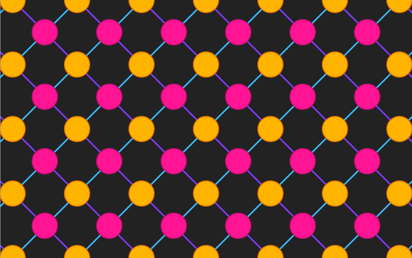 在深灰色背景上，沿图像顶部重复出现由蓝色和紫色线条连接的橙色和粉红色圆圈组成的图案