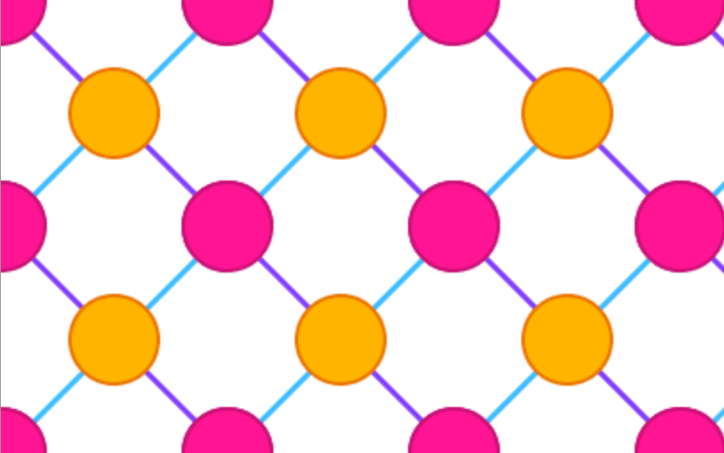 白色背景上由蓝色和紫色线条连接的橙色和粉色圆形重复图案