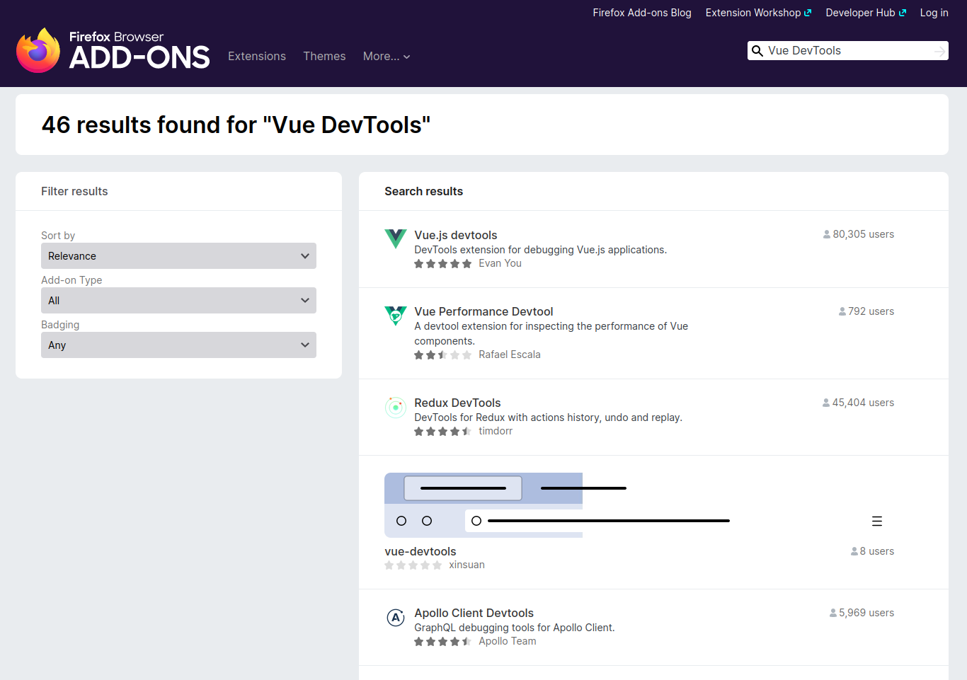 Search results for "Vue Devtools" on the Firefox Browser Add-Ons page. The first entry has been published by Evan You.