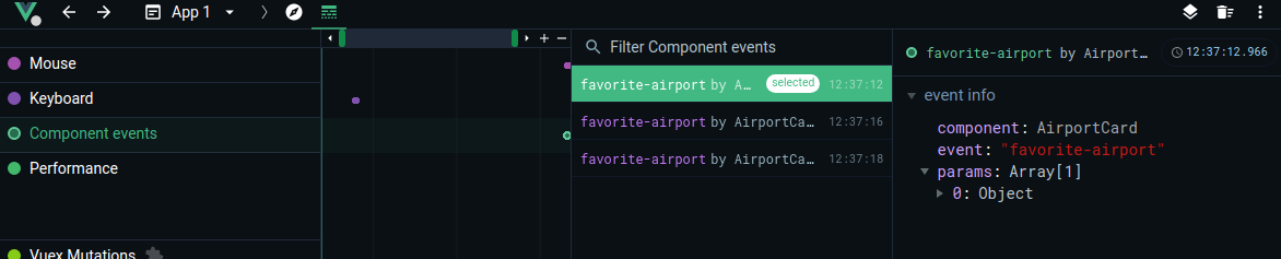 Two extra panes of the Vue.js Devtools timeline view that show a log of component events and information about the event, including its name, component, and parameters.
