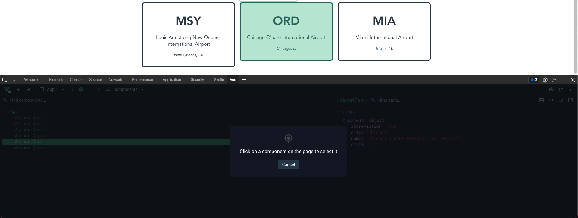 Vue.js Devtools open, with the "ORD" AirportCard component selected.