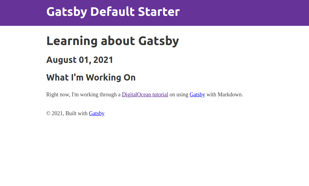 Blog post titled "Learning about Gatsby", a date of "August 01, 2021", and a description of how the blog post author is learning Gatsby.