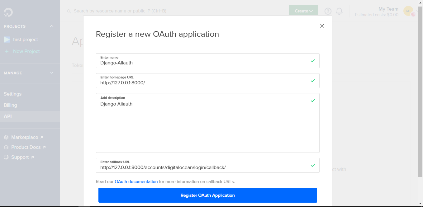 注册新的 OAuth 应用程序信息弹出窗口