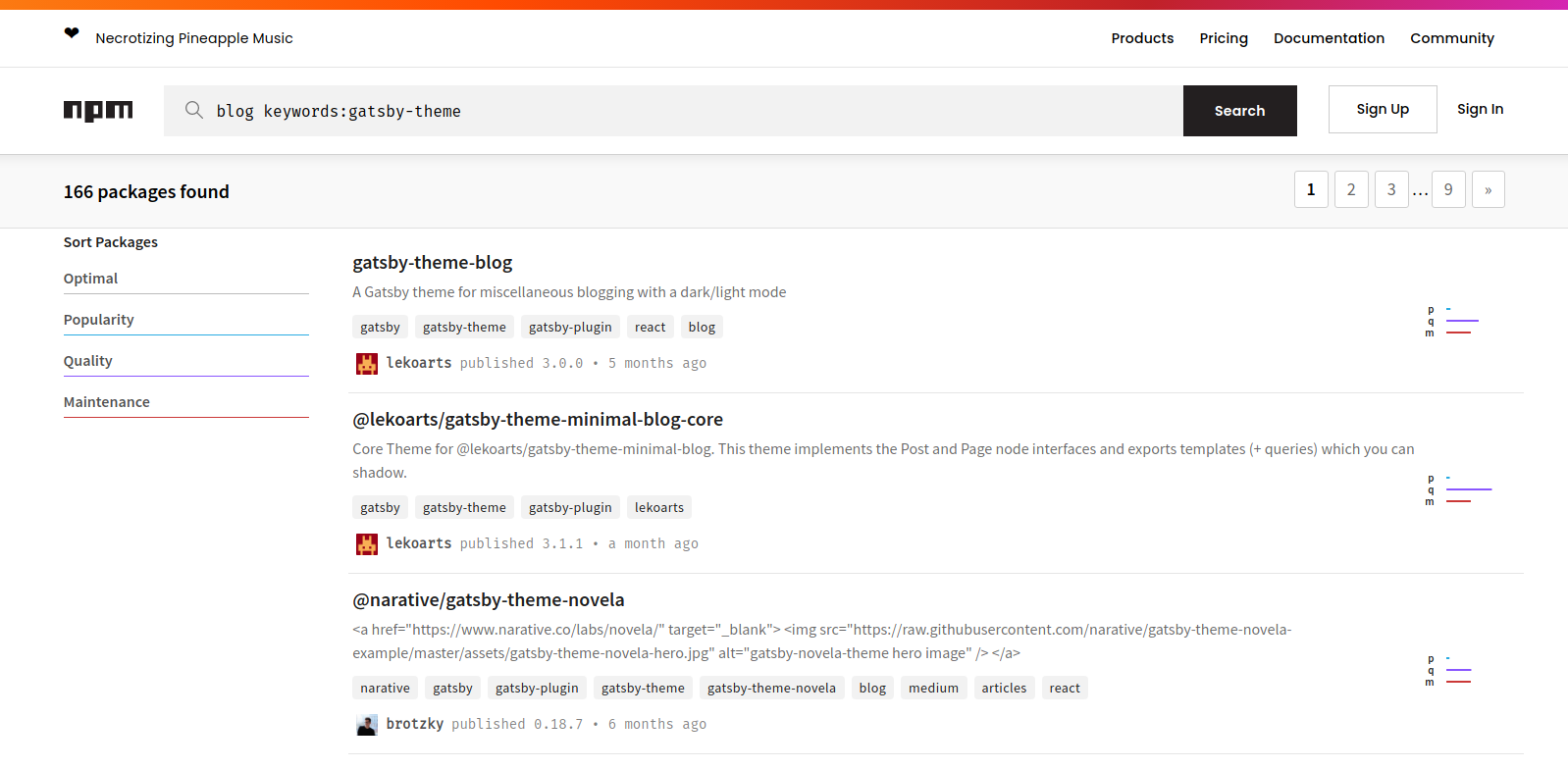 npm results page for the "blog keywords:gatsby-theme" search. "gatsby-theme-blog" is the first package.