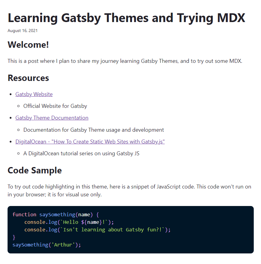 The tutorial's MDX blog post, built with Gatsby and rendered in the browser.