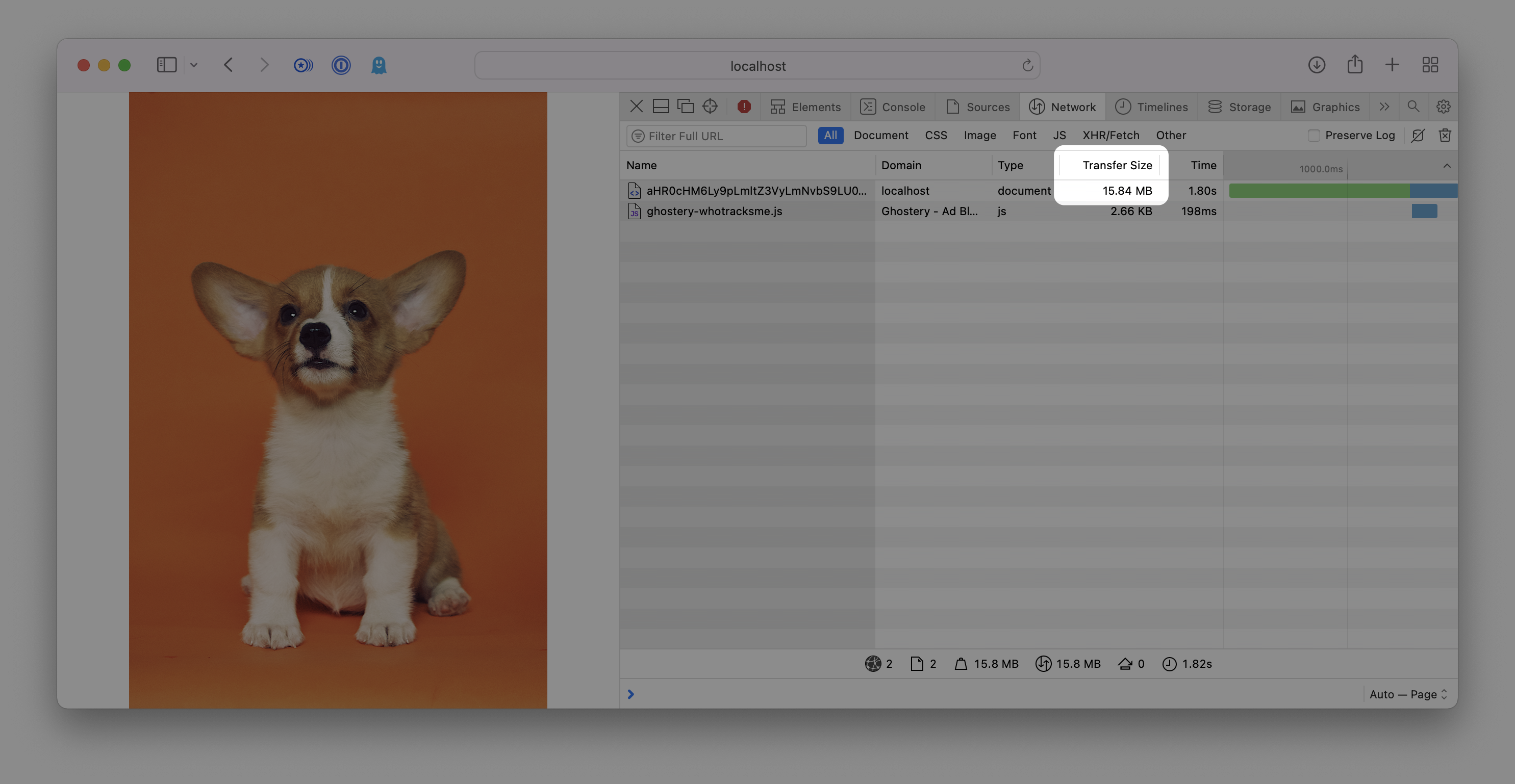Screenshot showing browser developer tools highlighting an image transfer size of 15.4MB