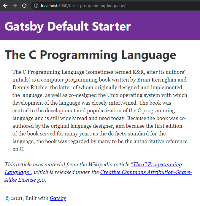 Screenshot showing a book listing page generated for "The C Programming Language"