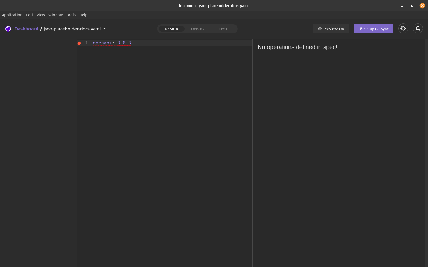 Screenshot of Insomnia showing one line added to the center pane, which is the code editor.