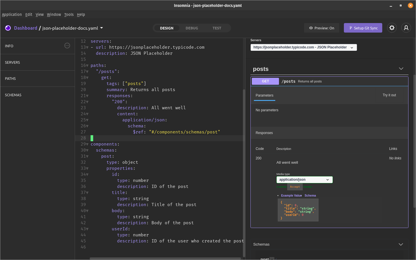 Screenshot of Insomnia showing YAML in the center pane and a preview in the right pane.