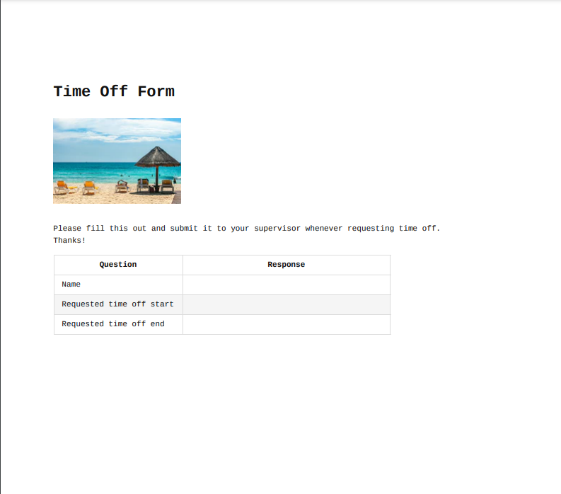 A sample PDF that has instructions for employees to log their time off.