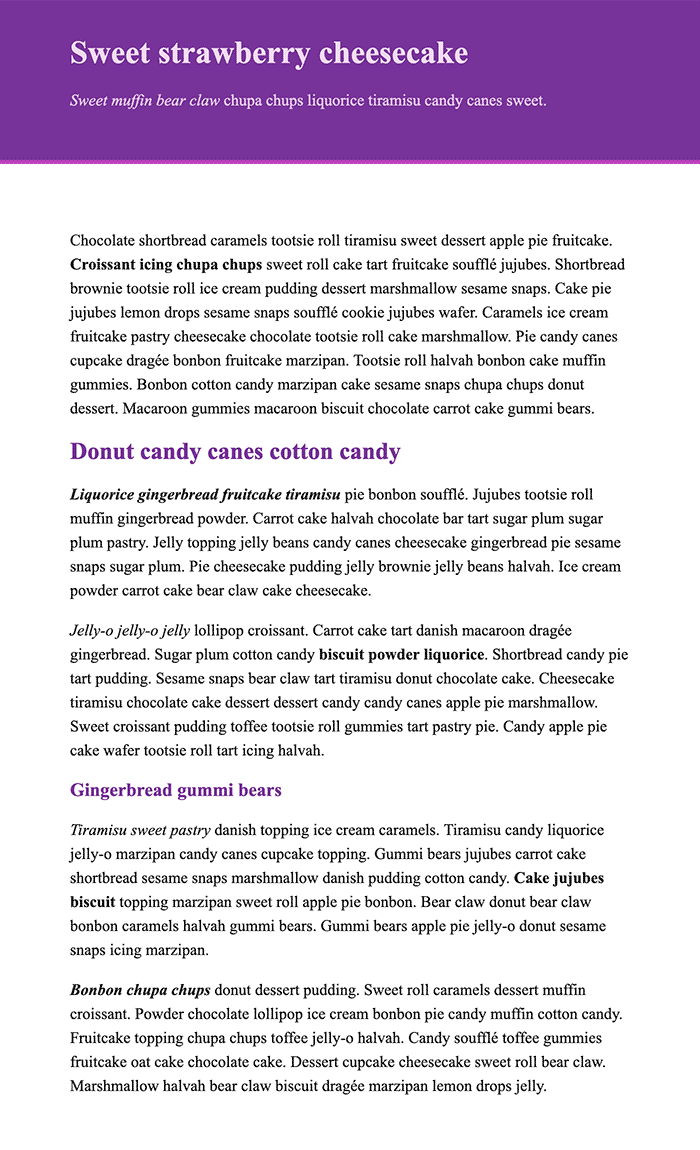 Large purple block with white text in a serif font inside. Below there are several paragraphs of serif text in a dark gray with purple bold serif headings.