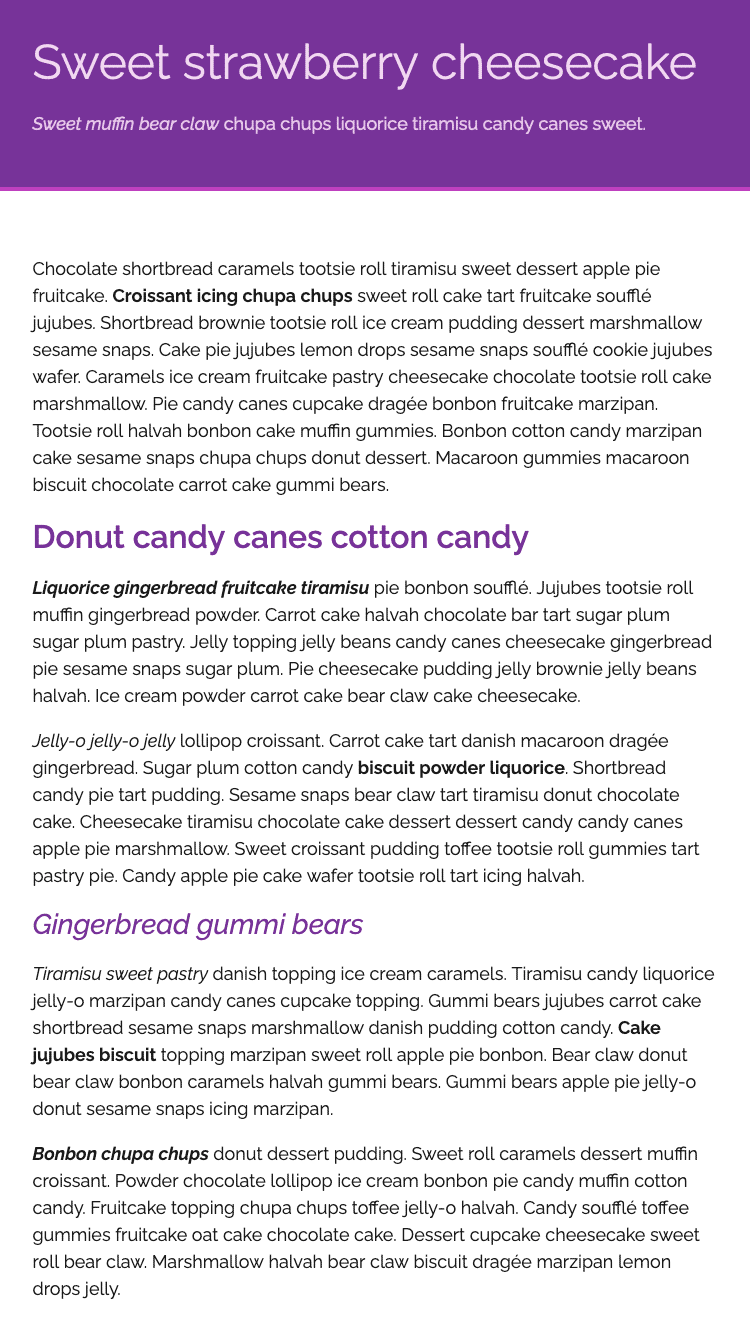 Large purple block with white text in a sans-serif font inside. Below are several paragraphs of sans-serif text in a dark gray with purple bold sans-serif headings.