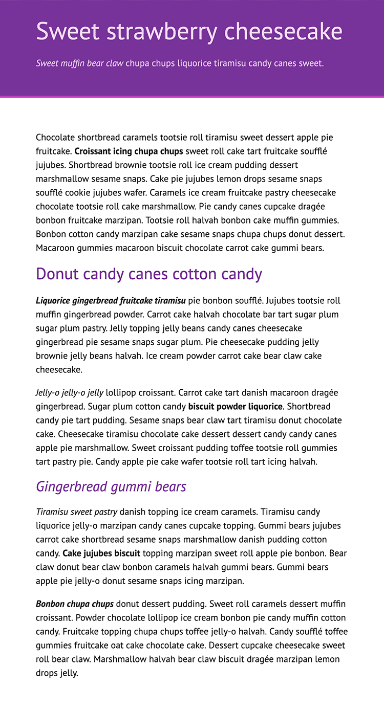 Large purple block with white text in a sans-serif font inside. Below are several paragraphs of sans-serif text in a dark gray with purple thing sans-serif headings. The font sizing has increased overall.