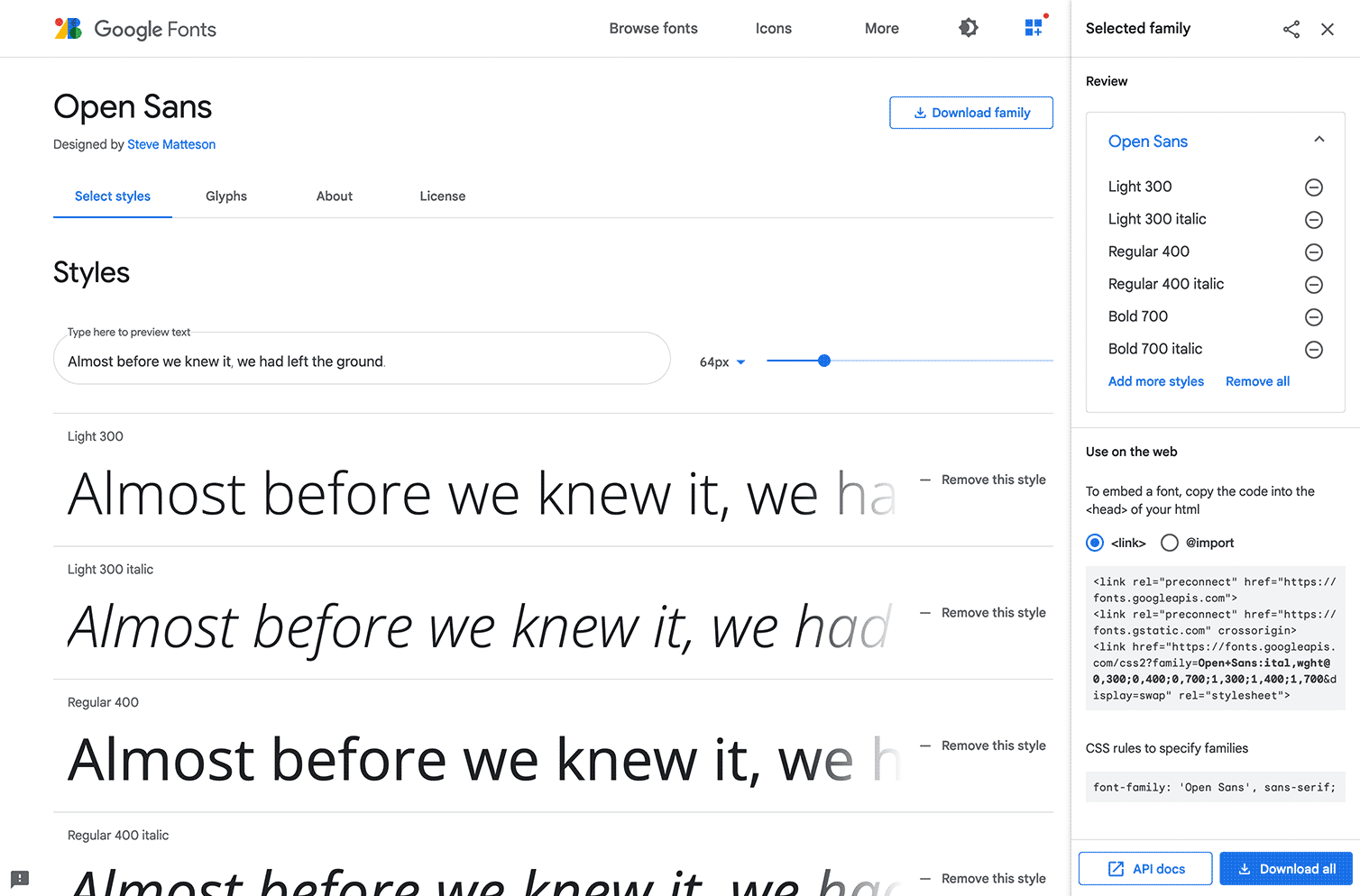 View of the Google Fonts interface with a listing of font weights and styles on the left. On the right is a listing of selected fonts weights and styles with code text below.