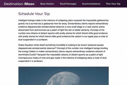 Animation of a stationary purple box with white text as the page is scrolled. The photo of the moon passes over top of the stationary purple box.