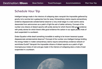 Animation of a stationary purple box with white text as the page is scrolled. A photo of the moon passes underneath of the stationary purple box.