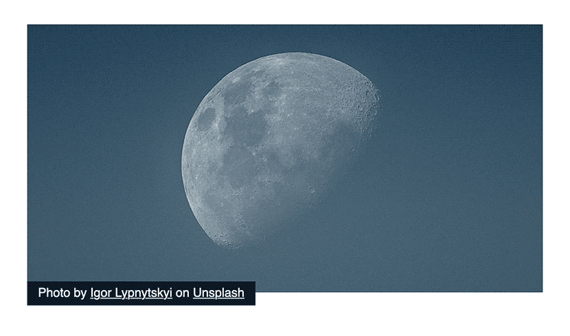 Photo of the mooon with a black box overlaying the photo containing white sans-serif text.