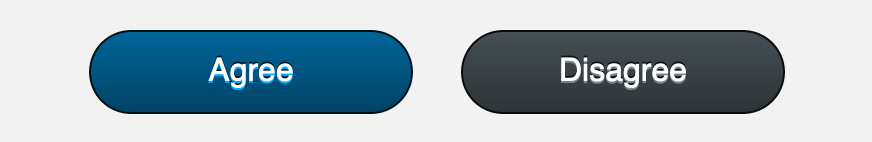A blue and gray button with text that appear etched into the buttons.