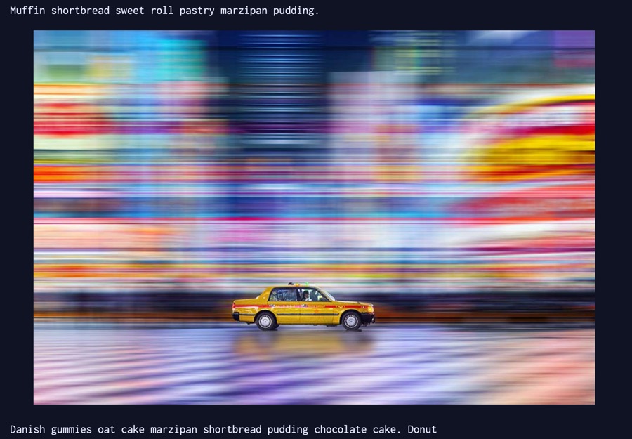 White monospace text above and below an inset image of a taxi in Tokyo at night.