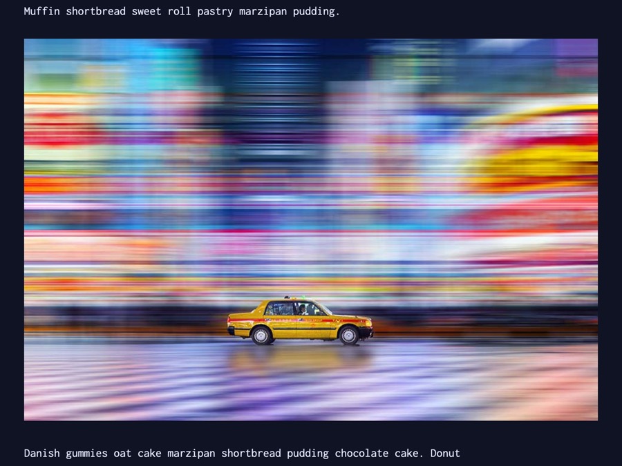 White monospace text above and below an image aligned to the text depicting a taxi in Tokyo at night.