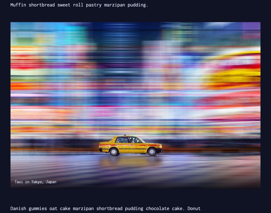 White monospace text above and below an inset image of a taxi in Tokyo at night with a gradient and descriptive text overlaying the image.