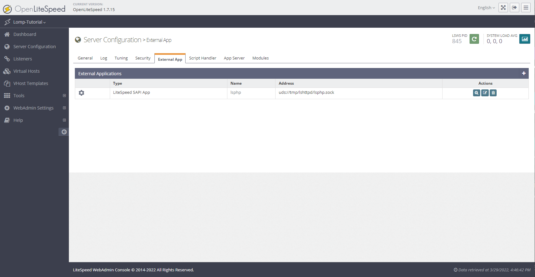 External App Screen of OpenLiteSpeed Server Configuration section