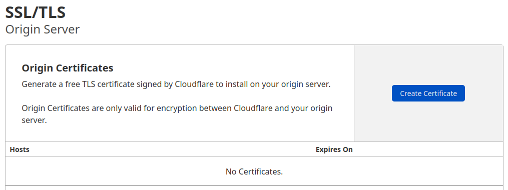 Create certificate option in the Cloudflare dashboard