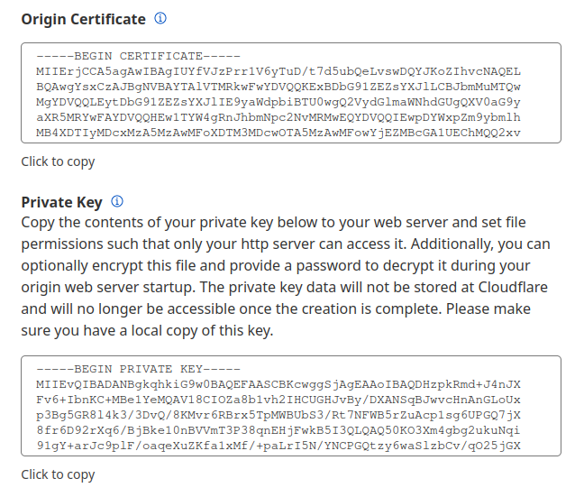 Dialog showing the origin certificate and private key