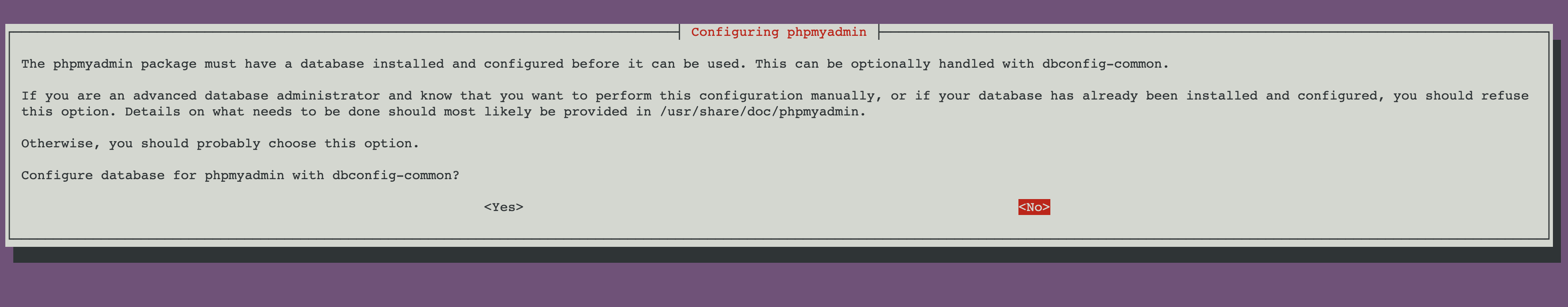 <code>dbconfig-common</code> selection when configuring phpMyAdmin