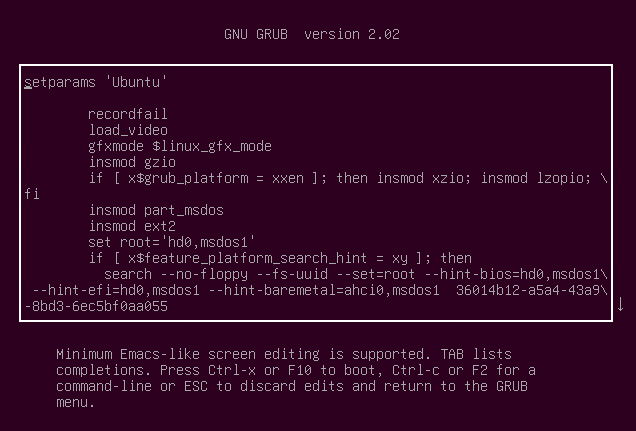 The GRUB configuration file in edit mode