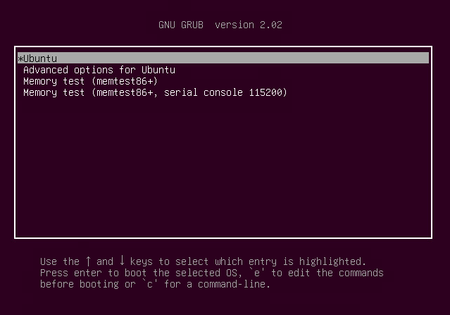 The default GRUB menu in Ubuntu 18.04