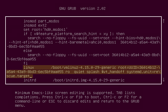 Editing the GRUB Configuration File to Enable Maintenance Mode