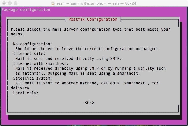 Postfix Configuration (first part): If you have a screen with information but no options to select, go past this screen