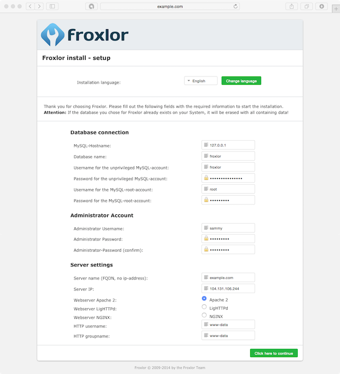 Froxlor Initial Admin, Environment and MySQL configuration