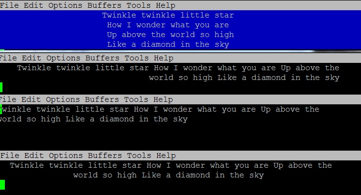 An example of selecting the text in Emacs. The first section reveals that the text is selected. The second section reveals text justified to the right. The next section is justified to the left. The last section reveals a centered justification of the text.