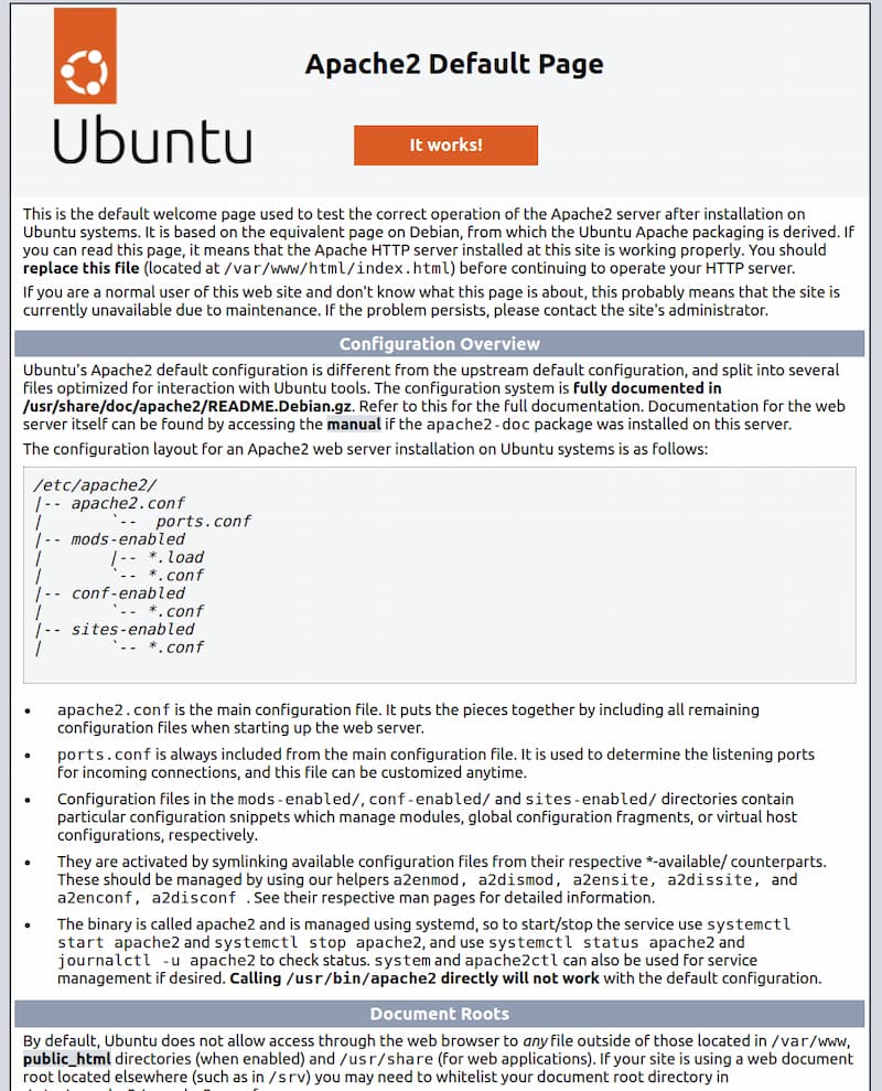 Ubuntu 22.04 Apache default web page with an overview of your default configuration settings