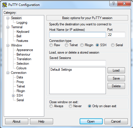 PuTTY configuration window