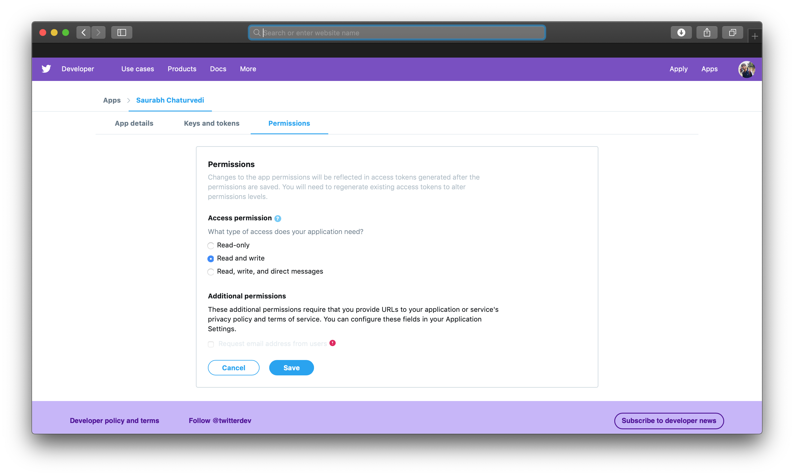 Twitter App Permissions Page