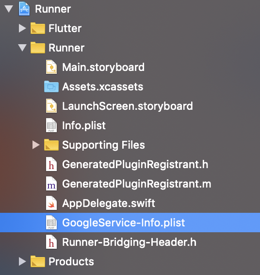 Xcode中项目的屏幕截图，其中GoogleService-Info.plist文件位于Runner目录中。