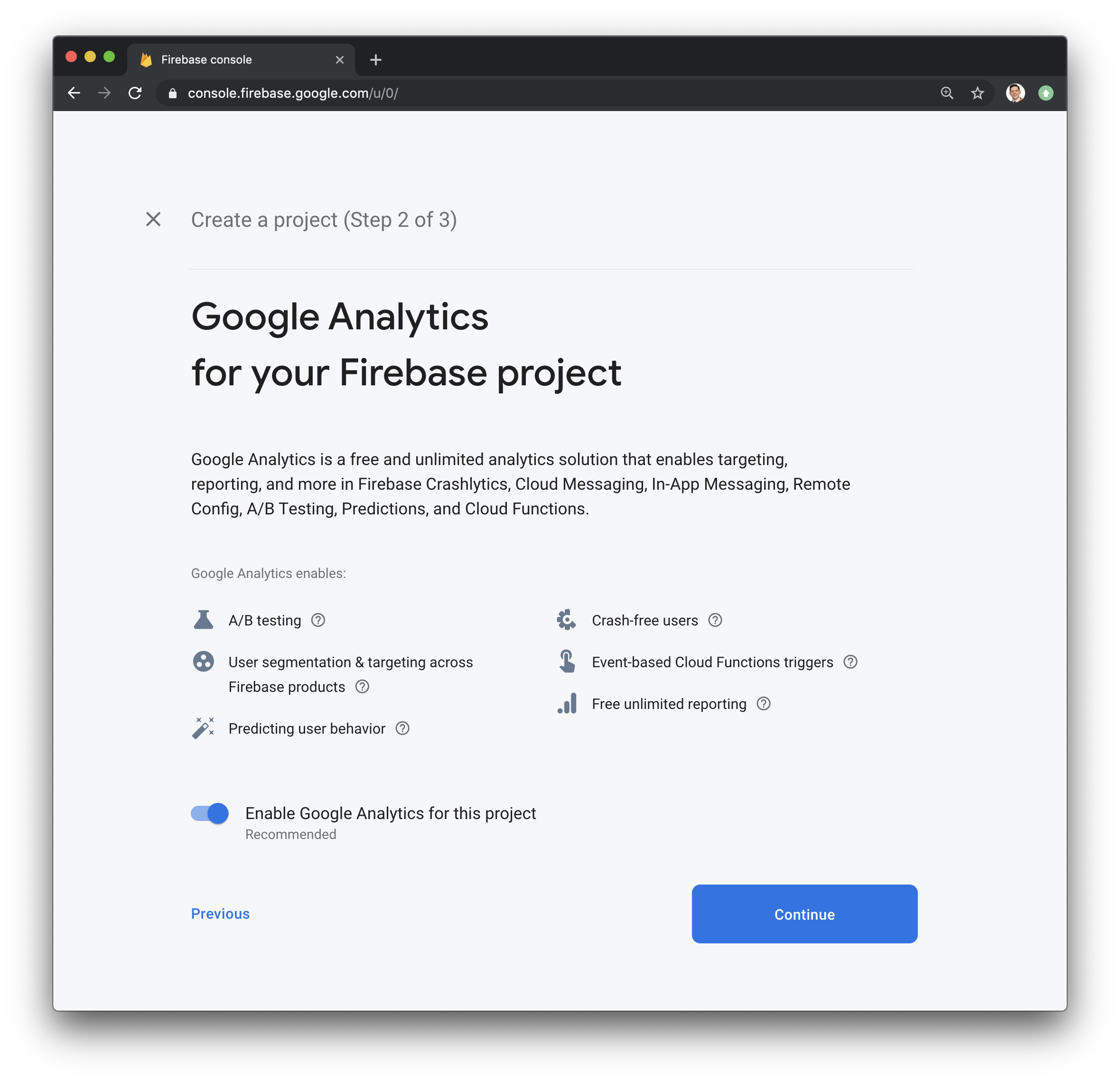 创建新项目步骤2的Firebase页面屏幕截图-添加谷歌Analytics.