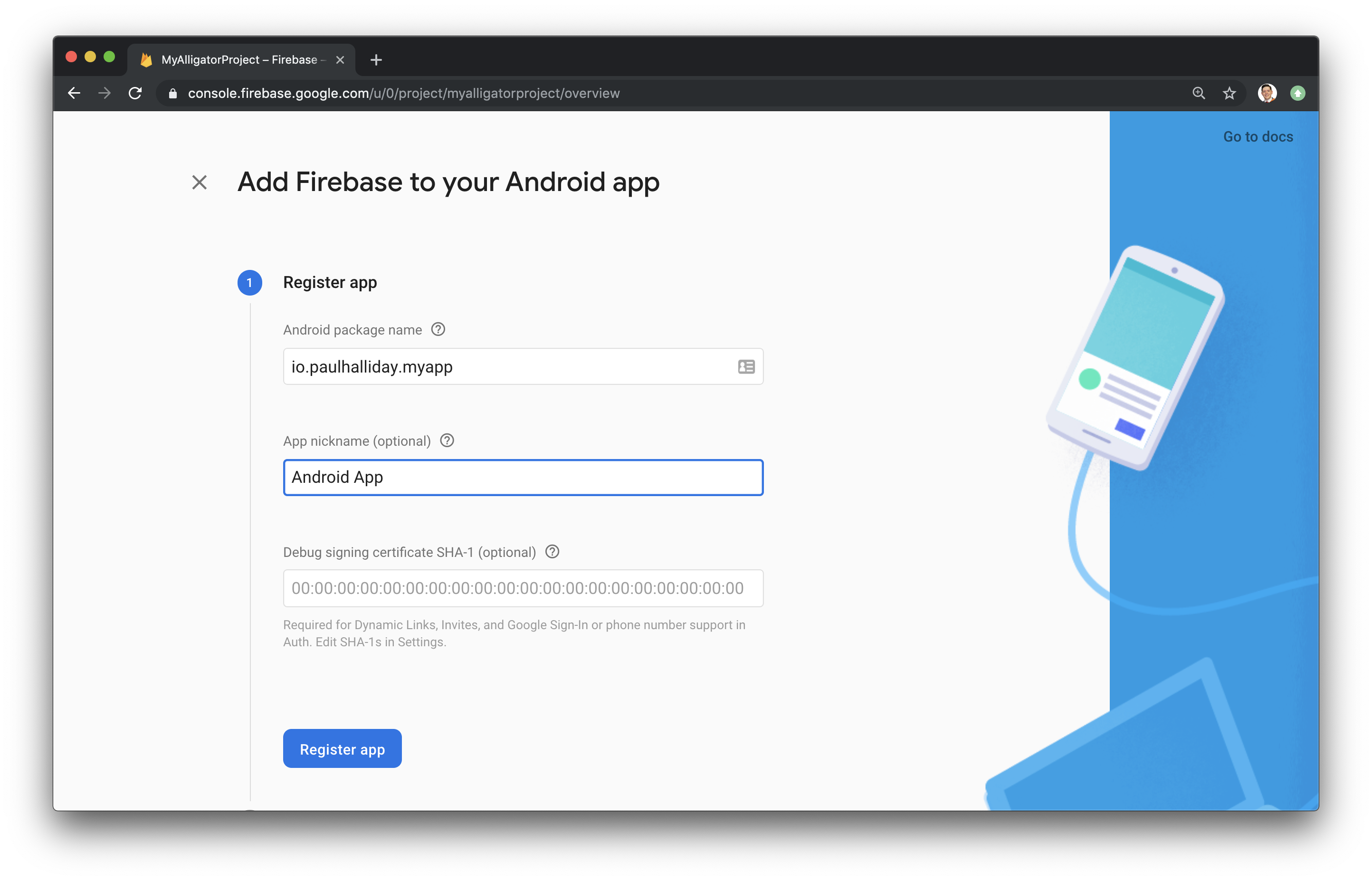 Android应用添加Firebase页面截图，已填写Android包名和应用昵称字段。