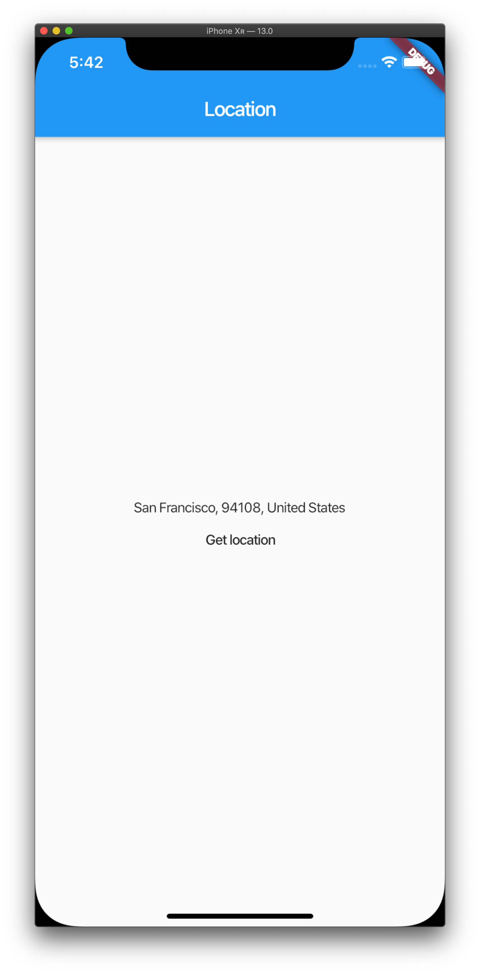 显示在模拟器中运行的应用程序的屏幕截图，地址为San Francisco，94108，United States。