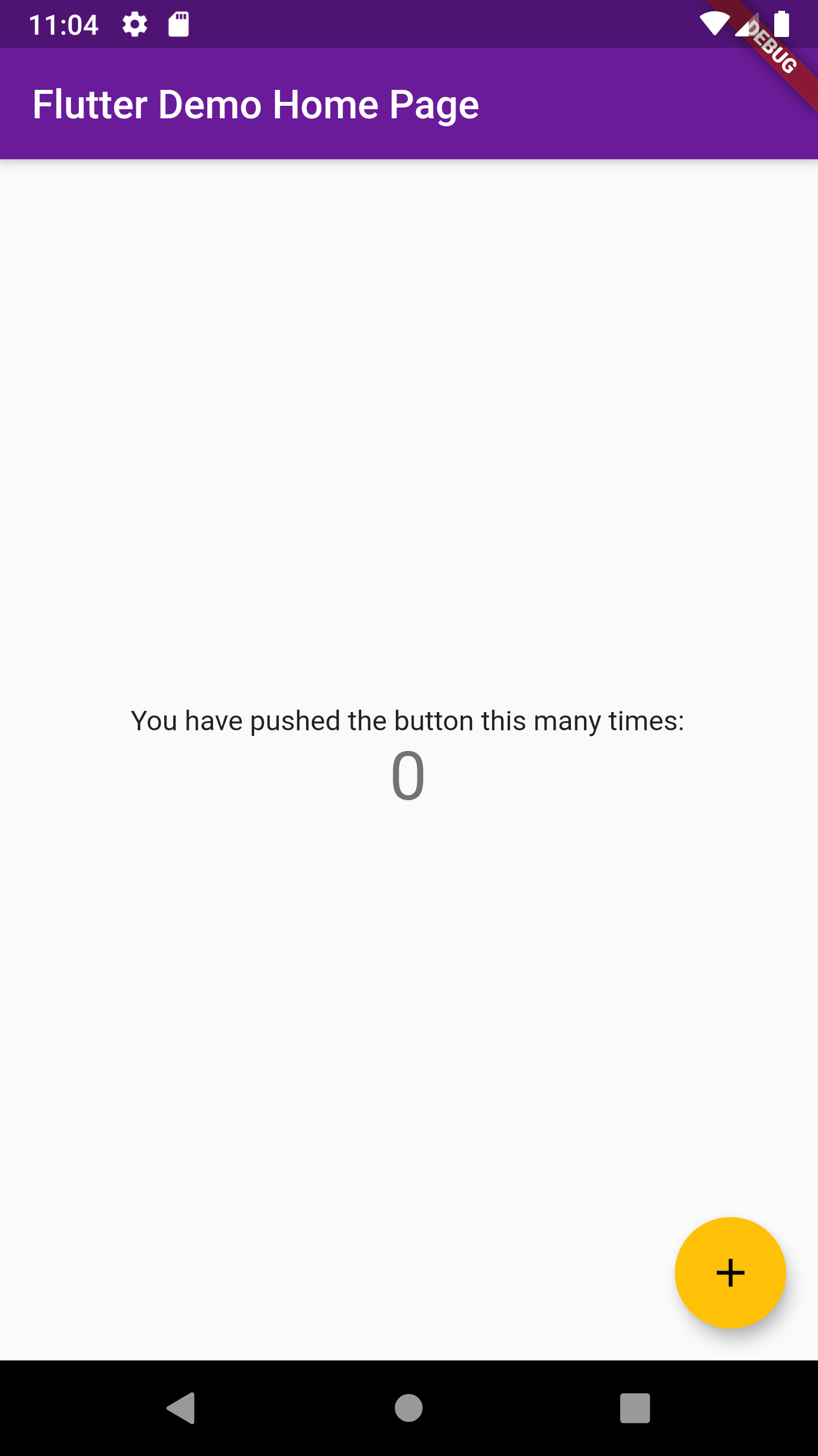 Fluter Demo主页应用程序的屏幕截图设置为带有紫色AppBar和琥珀色button.