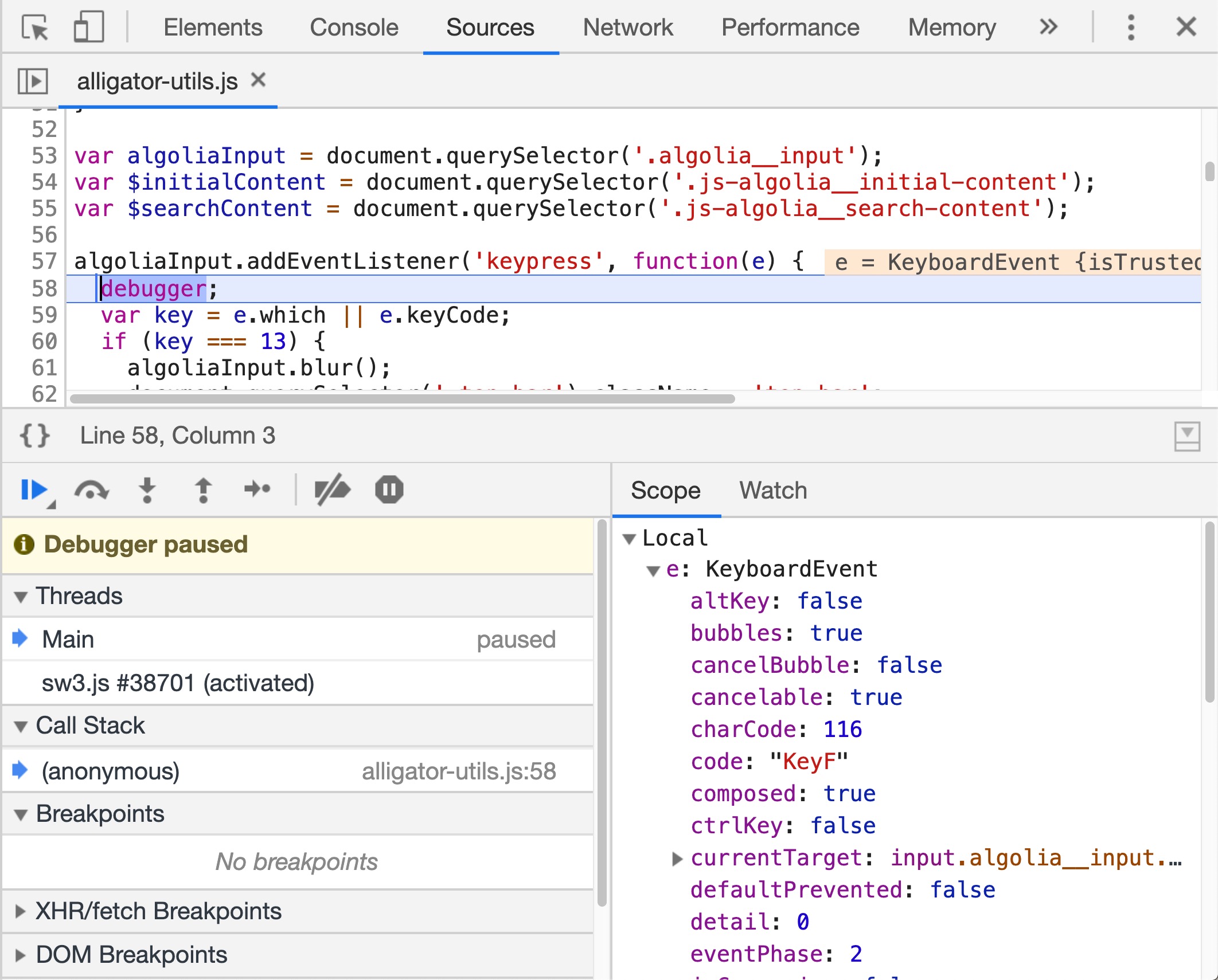 The debugger statement in action in Chrome DevTools