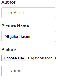 Input sample with author name Jack Misteli Picture Name Alligator Bacon and a picture file